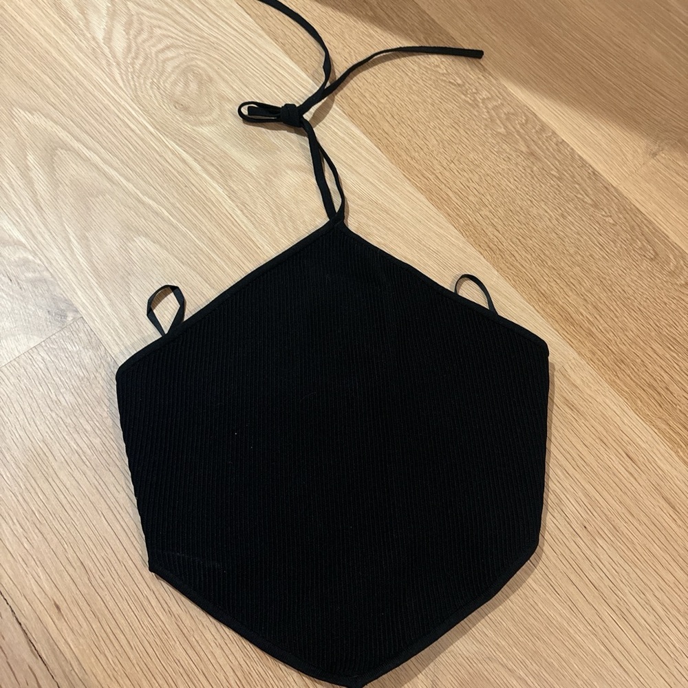 Babaton Tie High Neck Black Ribbed Crop Top Size Medium. Work once from Aritzia